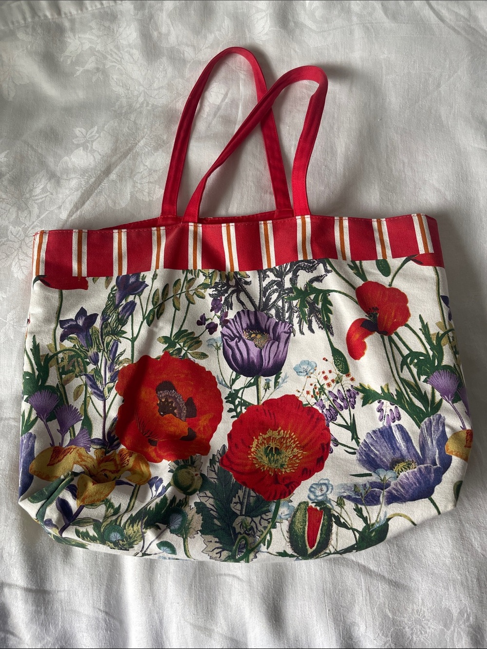 Estee Lauder Floral Canvas Tote with Red Trim and Multicolor Blooms